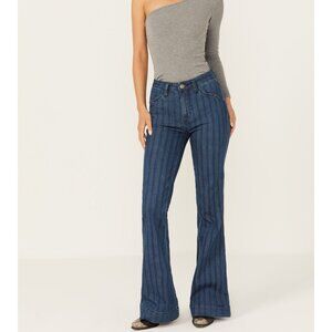 Rock&Roll Denim Medium Wash High Rise Jacquard Pinstripe Trouser Jean